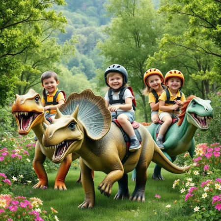 Create a realistic and cute dinosaur kids club themed photo. Picture children joyfully riding friendly dinosaurs of various species such as triceratops, little tyrannosaurus and stegosaurus. The children are dressed in bright riding costumes, with helmets and happy smiles on their faces. Around them is a green, picturesque landscape filled with flowers and trees, creating an atmosphere of fun and adventure. This scene should convey the joy, friendship and magic of the children's world, where dinosaurs become faithful companions. Please try to make the image as realistic as possible so that the audience can feel that this magical place really exists.
