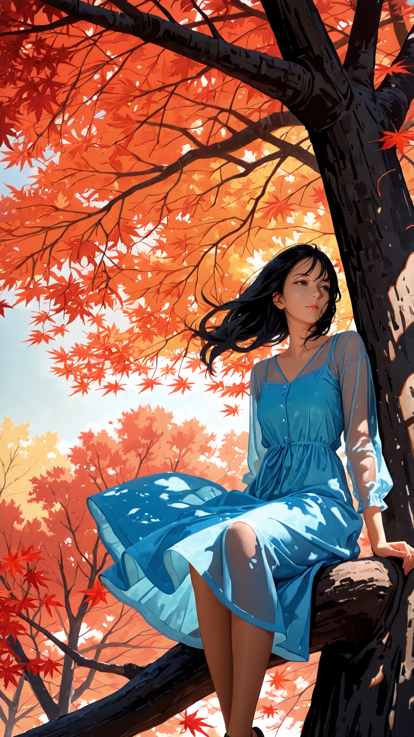 masterpiece, absurdres, (impressionism:1.2), realistic body, minimalism, scan,
1girl, maple leaf, sitting in tree, light blue dress, see-through silhouette, black hair, wind,