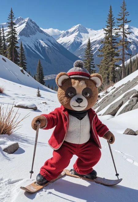 <lora:Pieper-Puppet-023:0.8>,A teddy bear skiing down a snowy mountain.,glossy paper, iso150, 35mm, score_9, intricate details, Hyperrealism style, 3d, concept-art, dreaminess, psychedelic, shallow-depth-of-field, cinematic lighting, soft bokeh, very beautiful composition, Unreal, real-time 3D, Epic Games style, Unreal Engine style, 3d-rendering, vibrant contrast depth and shadow enhanced using (Gaussian blur) for a soft background focus, (sharpen filter) applied, (color grading) to enhance contrast between warm and cool tones, (noise reduction) for a smooth, clean finish, (HDR toning) used for extra depth and detail, highly detailed dreamy background detailed skin texture, subsurface scattering award-winning, professional, highly detailed, dreamlike, mysterious, provocative, symbolic, intricate, detailed, hyper-detailed, masterpiece, award winning, midjourneyv6.1