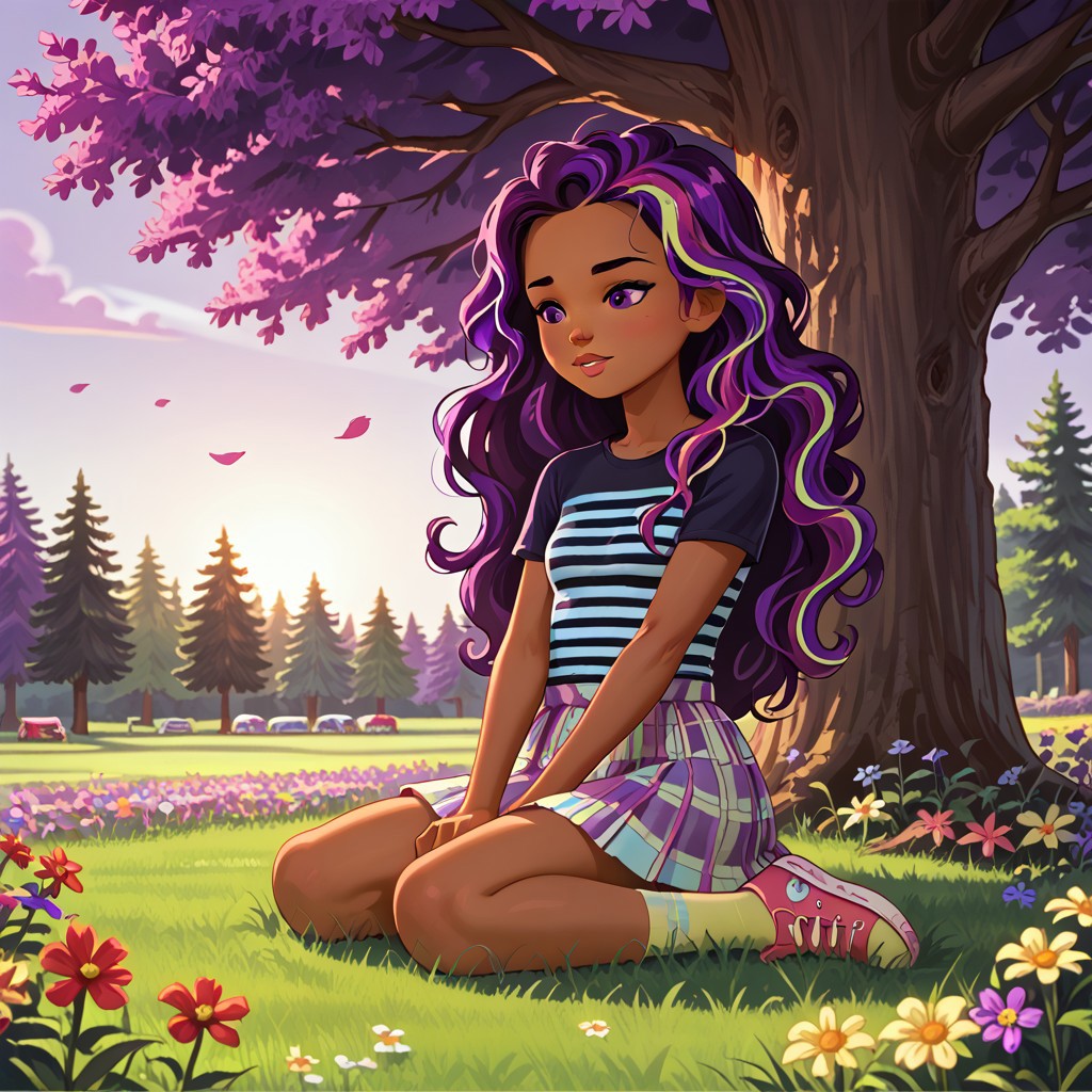 score_9, score_8, score_7, break, rox_sd, 1girl, dark skin, purple hair, multicolored hair, long hair, striped, shirt, skirt, sneakerssitting, grass, flowers, tree, natural lighting,