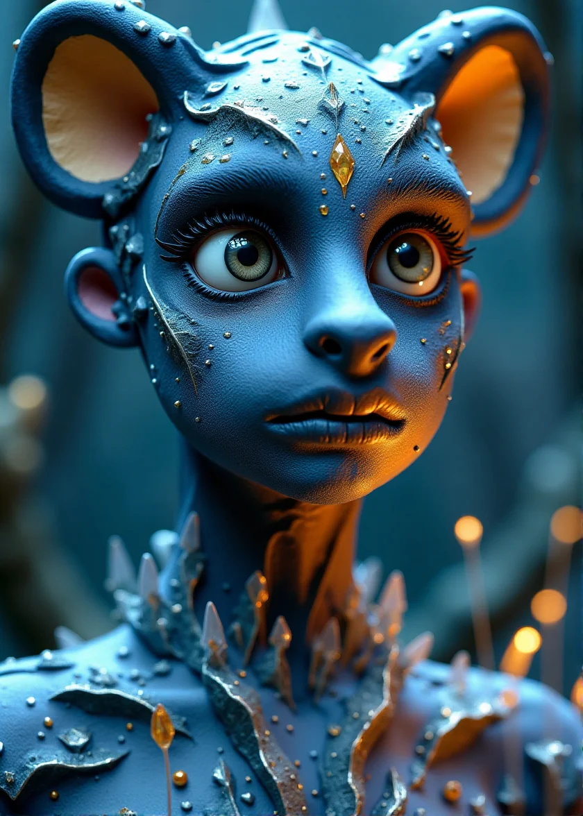 claymation,
Photographic, photo grain, 4k, UHD—Thick layered papercut art of a furry in a dramatic, fantasy-inspired scene, infused with fractal art and dynamic angles. The artwork, reminiscent of Todd Lockwood's famous pieces, captures a lithe female fusion of a skinwalker and kongamato with crystallized skin. Featuring a 1Girl face with very subtle lion traits and heavy silver blue and gold black makeup, the scene is brought to life with deep 3D volumetric effects, rich dimensional depth, thick paper textures, and tangible, heavy layers
made of clay