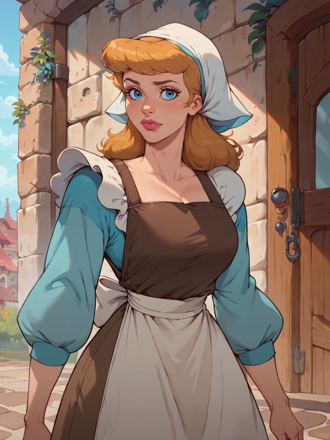 <lora:Sinderella:0.5> si_la, 1girl, fair skin, pink lips, blue eyes, golden blonde hair, medium-length hair, bangs, dark brown bodice with light aquamarine sleeves and a brown skirt, white apron, white kerchief, <lora:mfcgXL:0.9> large breasts, thick thighs, score_9, score_8_up, score_7_up,