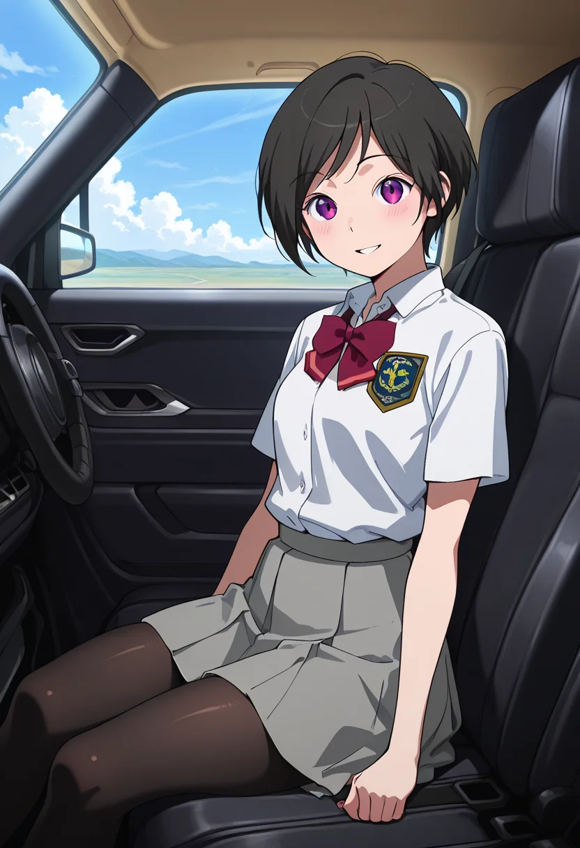 masterpiece, best quality, amazing quality, very aesthetic, absurdres, newest, illustration, perfect composition, intricate details, highres, anime coloring, 1girl, solo, inkoww, purple eyes, black hair, short hair, school uniform, white collared shirt, short sleeves, red bowtie, emblem, grey skirt, black pantyhose, <lora:Amifumi_Inko_Aldnoah_Zero_ill_v1.1:1>, from side, sitting on car seat, blush, smile, parted lips, looking at viewer, car interior, car seat, ground vehicle, motor vehicle, car, cloud, blue sky, shiny body, shiny skin, skindentation, clear skin, shiny hair, ultra detailed eyes, depth of field, sharp, intricate details, hyperdetailed, ultra-detailed, detailed clothing folds, high contrast, dynamic light