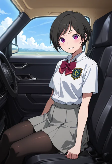 masterpiece, best quality, amazing quality, very aesthetic, absurdres, newest, illustration, perfect composition, intricate details, highres, anime coloring, 1girl, solo, inkoww, purple eyes, black hair, short hair, school uniform, white collared shirt, short sleeves, red bowtie, emblem, grey skirt, black pantyhose, <lora:Amifumi_Inko_Aldnoah_Zero_ill_v1.1:1>, from side, sitting on car seat, blush, smile, parted lips, looking at viewer, car interior, car seat, ground vehicle, motor vehicle, car, cloud, blue sky, shiny body, shiny skin, skindentation, clear skin, shiny hair, ultra detailed eyes, depth of field, sharp, intricate details, hyperdetailed, ultra-detailed, detailed clothing folds, high contrast, dynamic light