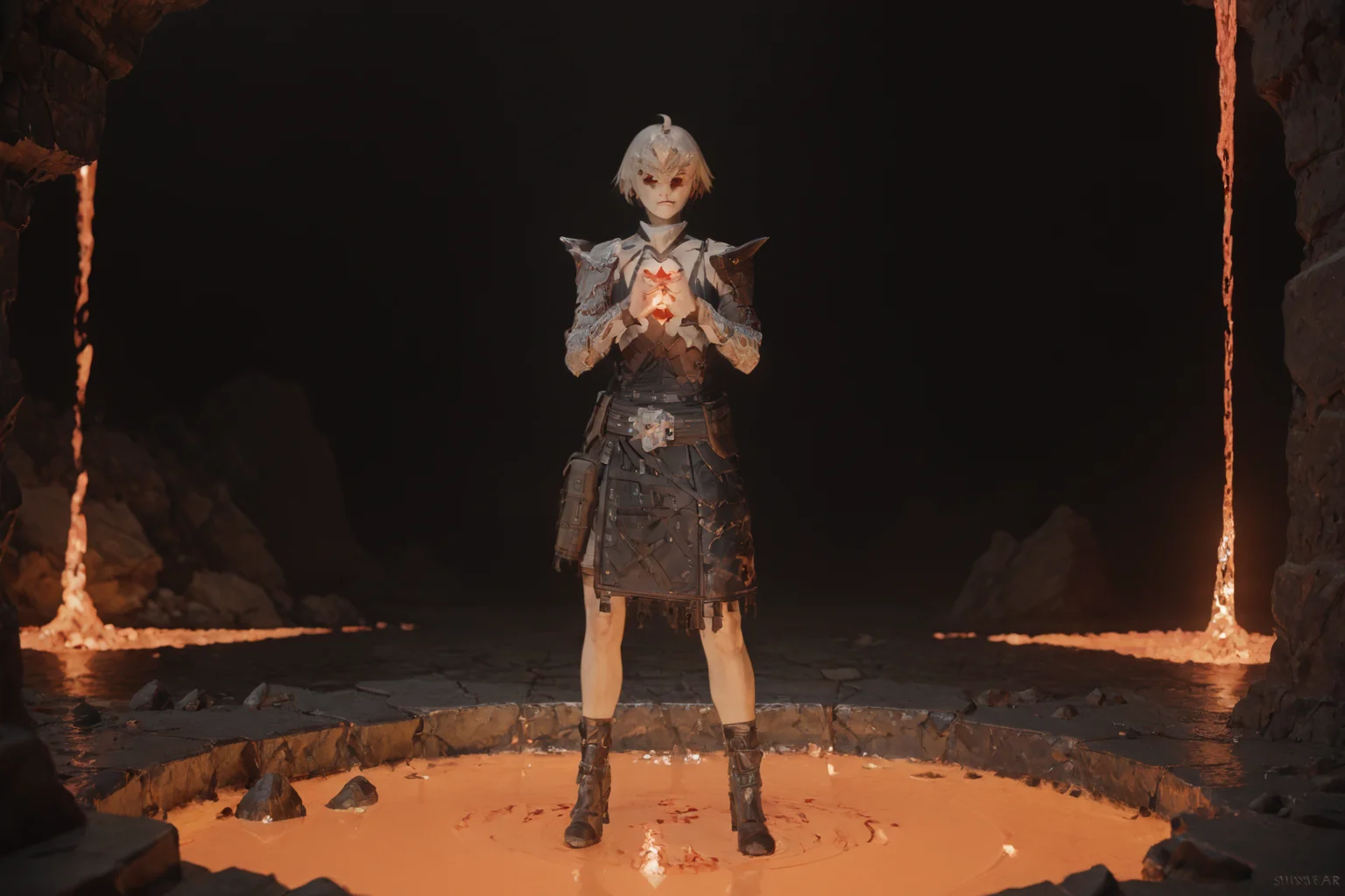 score_9, score_8_up, score_7_up, Arrisa, front view, full body, illustration, hands on heart, showing sincerity,lava BREAK <lora:ARRISA-12:1>