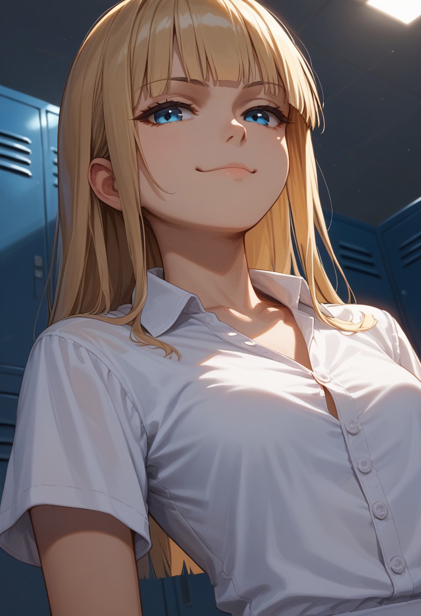 (score_9, score_8_up, score_7_up), 1girl, solo,blonde hair, blue eyes, long hair, hime cut, long bangs, small breasts, buttoned shirt, white buttons, white shirt,   short sleeves, collarbone,
(face focus, close-up:1.3),  standing, locker room, night time, dim lighting, dynamic lighting, 
(leaning back, arched back, dutch angle:1.2), 
(relaxed, smug:1.2),