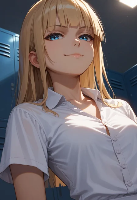 (score_9, score_8_up, score_7_up), 1girl, solo,blonde hair, blue eyes, long hair, hime cut, long bangs, small breasts, buttoned shirt, white buttons, white shirt,   short sleeves, collarbone,
(face focus, close-up:1.3),  standing, locker room, night time, dim lighting, dynamic lighting, 
(leaning back, arched back, dutch angle:1.2), 
(relaxed, smug:1.2),