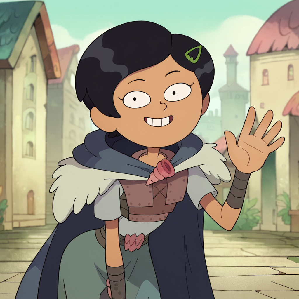 score_9, score_8_up, score_7_up, 1girl, Marcy, black hair, short hair, hairclip, flat chest, narrow waist, wide hips, looking at viewer, armor, cloak, waving, leaning forward, highres, high quality, masterpiece, <lora:Marcy_Wu:1>
