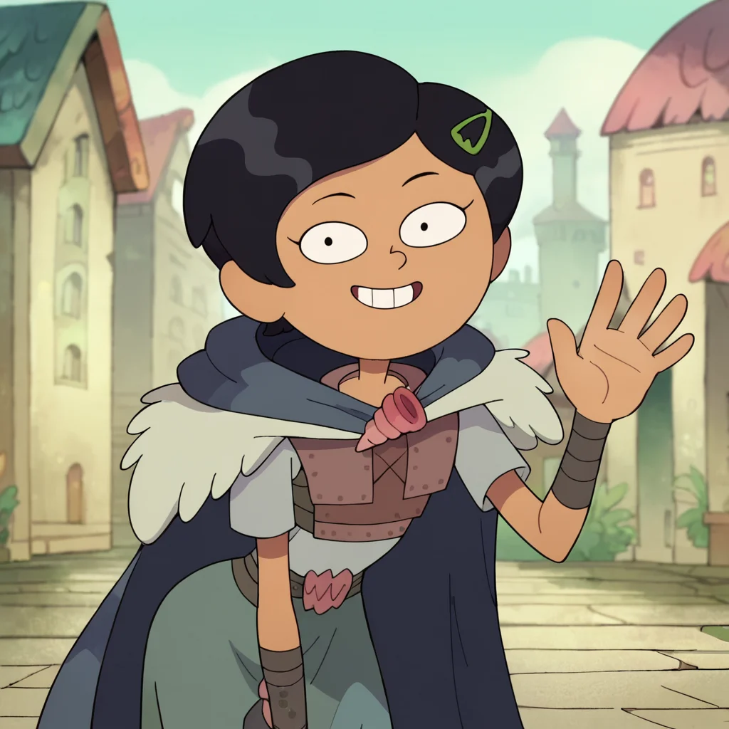 score_9, score_8_up, score_7_up, 1girl, Marcy, black hair, short hair, hairclip, flat chest, narrow waist, wide hips, looking at viewer, armor, cloak, waving, leaning forward, highres, high quality, masterpiece, <lora:Marcy_Wu:1>