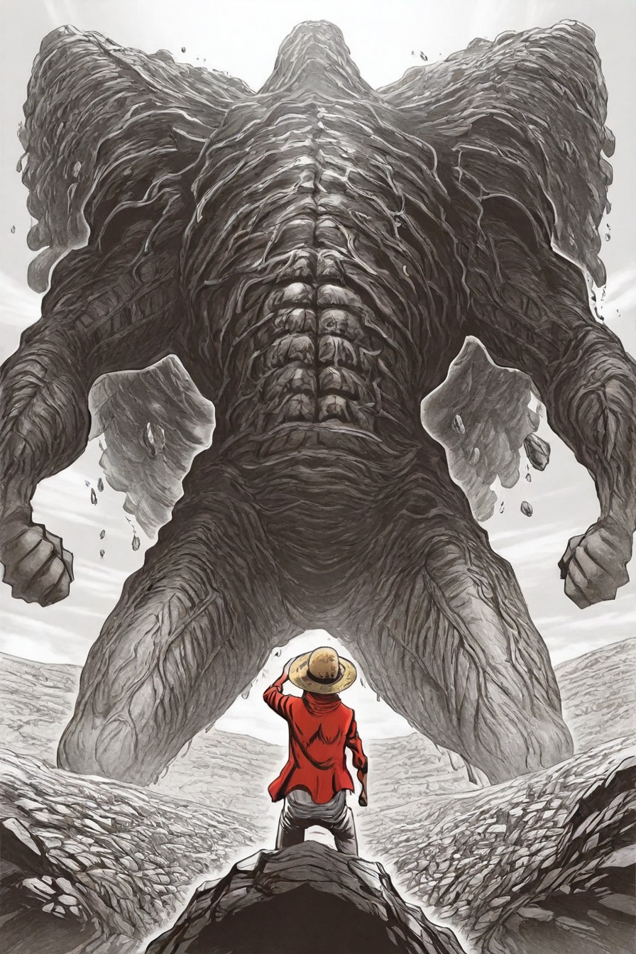 <lora:Monkey_D._Luffy_-_One_Piece_-_Illu_Comission:0.6>, Luffy, red jacket, straw hat, black hair, black arms, 1boy, solo, alone, from behind, facing monster, monster, ruin, <lora:yusuke_murata_scenery_illustriousXL-000021:1>, yusuke_murata_scenery, scenery, monochrome, greyscale, masterpiece, highres