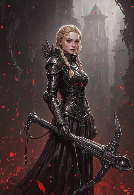 (2D screenshot full-body picture featuring slim 1girl with a vorpal crossbow made of obsidian, loading. She has blonde braided hair with dark roots and pastel pink goth makeup, clad in mechanical leather cuirass with high collar. Set in a whimsical lair environment during an overwhelming demonic onslaught, obsidian shards, serene atmosphere. With diffuse loop lighting, selective color theme black, white, red, highly detailed, intricate details, vibrant