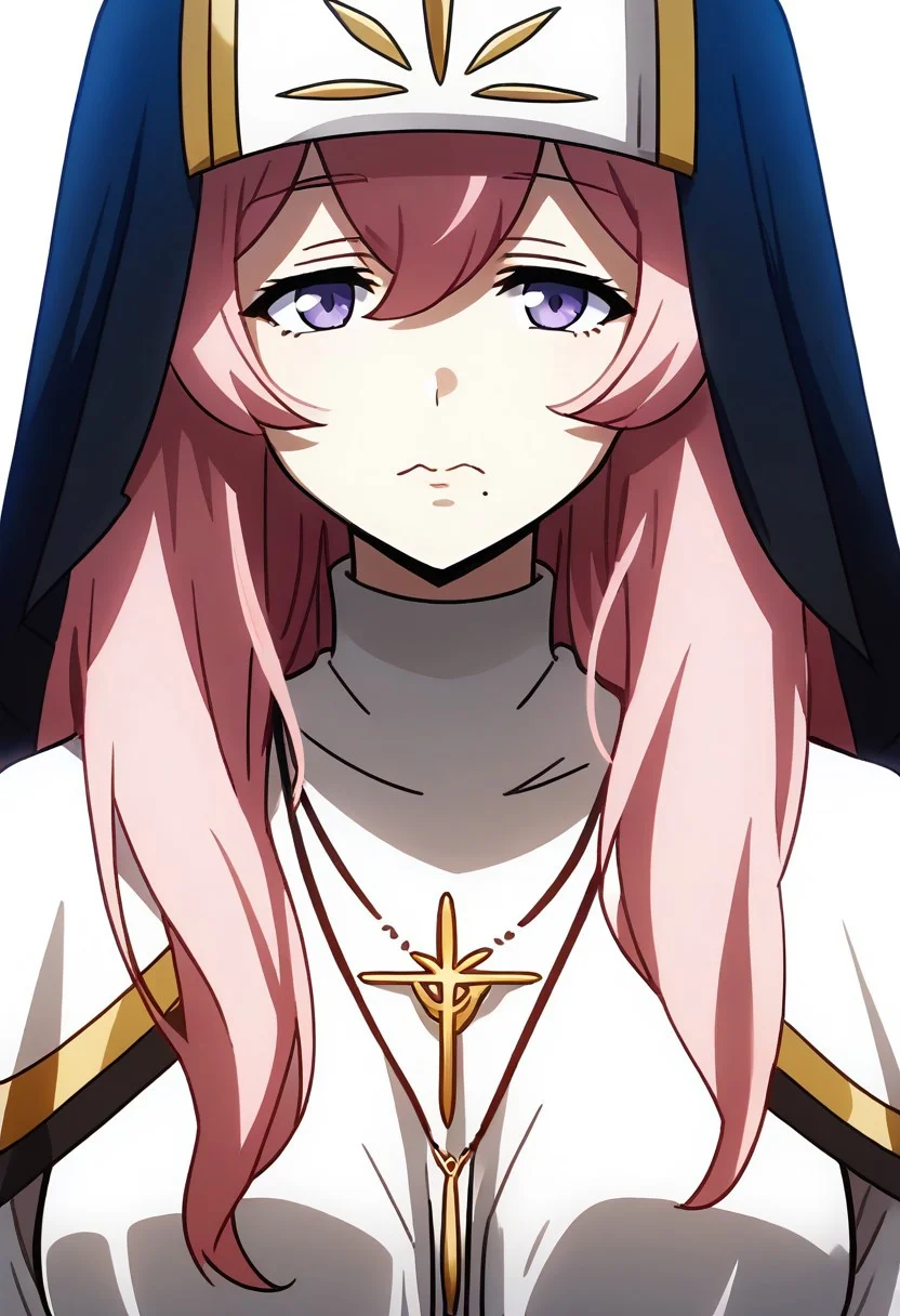 white_long_dress, Lilynette_Piani, solo, closed_mouth, mole_under_mouth,, nun,, dress_with_black_edging, black_veil, cross_necklace, capelet_with_pelvic_curtain, white_capelet, capelet_with_gold_edging, long_sleeves, <lora:Lilynette_Piani_V1(SDXL):1>,