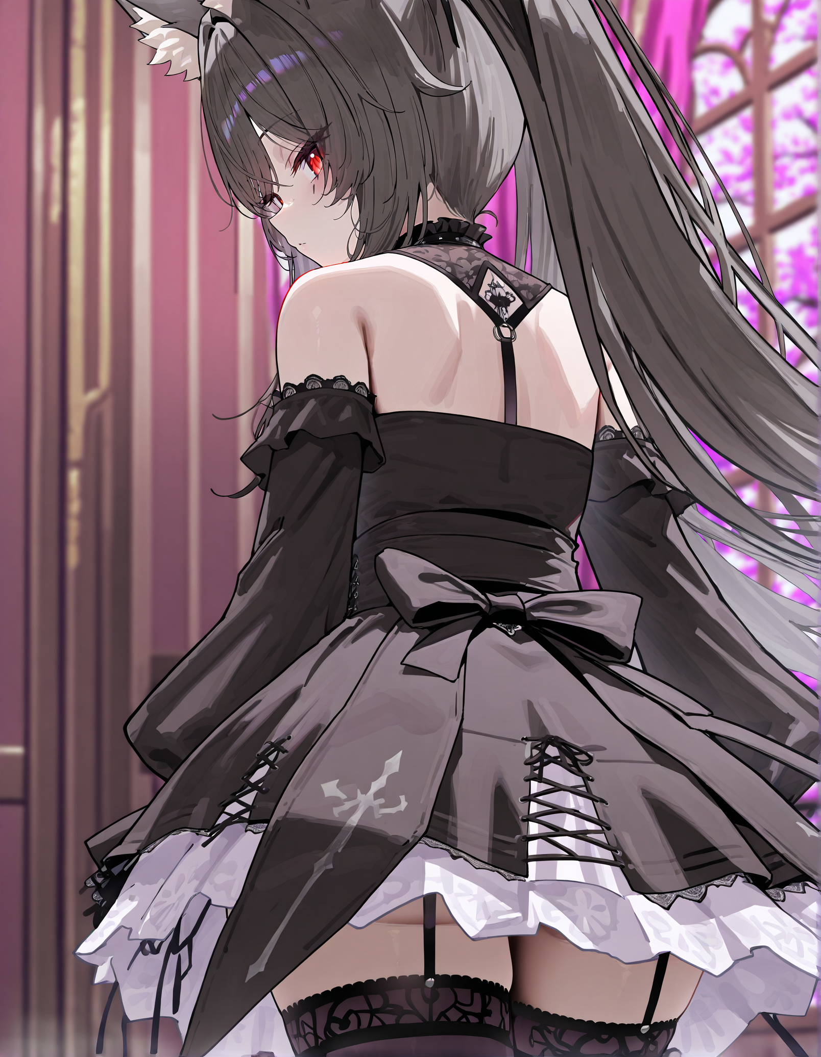 masterpiece, perfect quality, best quality, absolutely eye-catching, absurdres, highres, newest,  <lora:kalluuchanillustriousXL:1>, 1girl, kalluuchan, dress, from behind, looking back,
