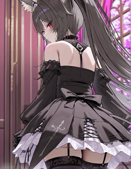 masterpiece, perfect quality, best quality, absolutely eye-catching, absurdres, highres, newest, <lora:kalluuchanillustriousXL:1>, 1girl, kalluuchan, dress, from behind, looking back,
