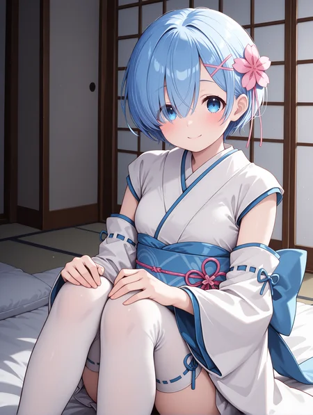 <lora:Rem Illu:1>1girl, solo,
r3m, short hair, blue hair, blue eye, hair over one eye,
r3mpast, japanese clothes, sash, obi, ribbon trim, detached sleeves, wide sleeves, white kimono, short kimono, white thighhighs, blue back bow, single pink ribbon, x hair ornament, hair flower, pink flower,
looking at viewer, smile, blush,
sitting, arms around knees, futon, indoors, dark,
<lora:cfg_scale_boost:0.7>, masterpiece, best quality