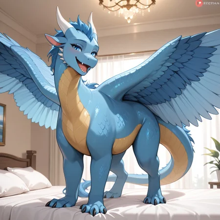 1girl, highres, absurdres, newest, masterpiece, best quality, furry, furry_female, Saphira_eragon, dragon, blue scales, yellow underbelly, feathered wings, horns, tail, blue eyes, (feral, quadruped:1.1), detailed eyes, standing, open_mouth, open mouth smile, luxurious detailed room, bright room, day scene, professional lighting, white bed, solo, bedroom, smiling, seductive, looking_at_viewer, masterpiece, close up, safe