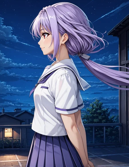 score_9, score_8_up, source_anime, 1girl, upper body, medium shot, detailed, pmmmamanosuzune, szncsl, purple hair, low ponytail, mole under eye, red eyes, white shirt, white sailor collar, grey hairpin, purple pleated skirt, outdoors, roof, hands behind back, light smile, night, wind, (side view:0.5), <lora:pmmmamanosuzune_XL:1>