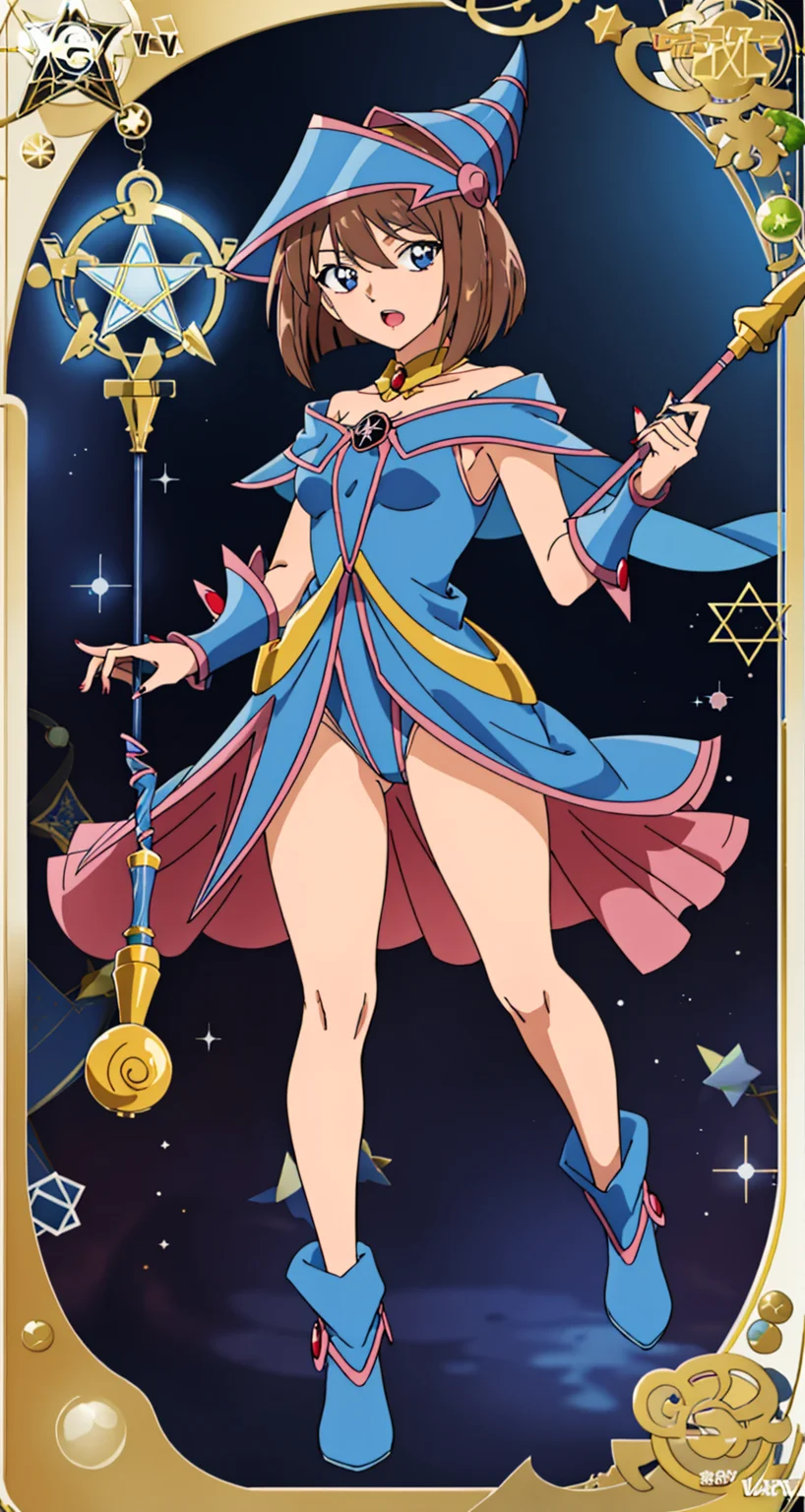 haibaratv,dark magician girl, masterpiece, best quality, 1girl, brown hair, blue footwear, blue headwear,duel monster, hat, hexagram, small breasts, short hair, looking at viewer, nail polish, open mouth, pentacle, pentagram, solo, staff, wizard hat, yu-gi-oh!,standing, wand, holding wand,
<lora:darkMagicianGirlLora_1:0.35> <lora:haibaratv:0.6>