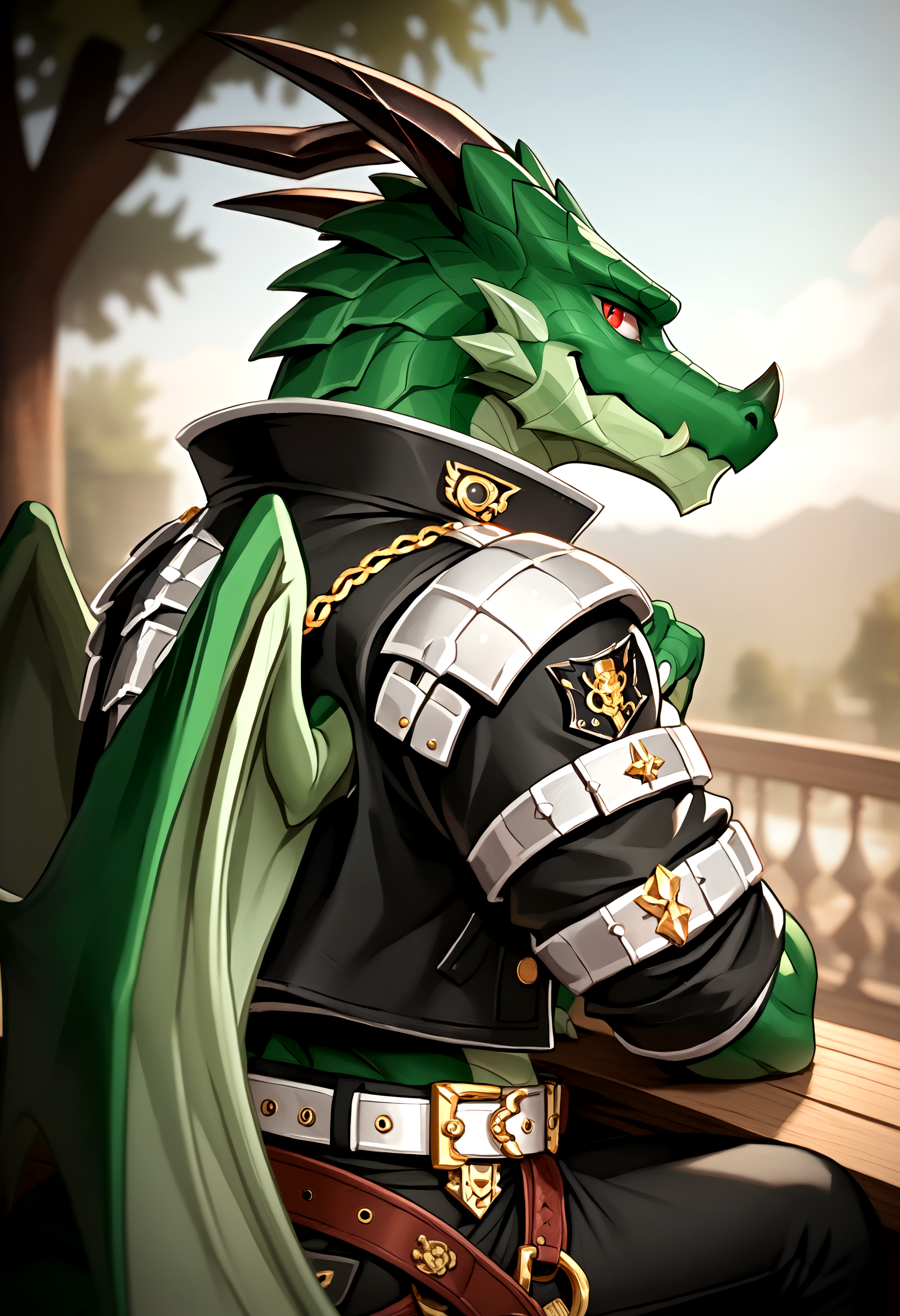 score_9, score_8_up, score_7_up, 8k, detailed design, detailed background, detailed characters, masterpiece, anthro only, furry only, solo,  <lora:Ragon-000003>, Ragon, muscular male, dragon, horns, tail, armor,  belt, wings, green skin, shoulder pad, gold ring, open jacket, leg armor, pants, red eyes,  sitting, head rest,  back view, looking at viewer, close up, upper body,  training grounds, outside, day,