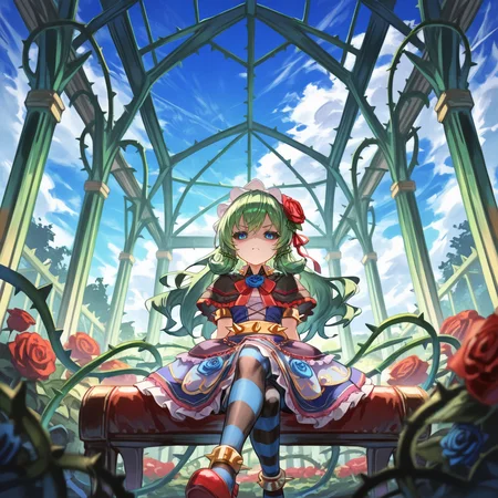 <lora:ChamIllustriousBackgroundEnhancer:0.5> <lora:illustrious_quality_modifiers_masterpieces_v1:0.8> ,  masterpiece, very aesthetic, absurdres, best quality, amazing quality, high resolution, newest, very awa, scenery, volumetric lighting, solo,  looking at viewer,  <lora:ToraIllustrious:0.8> , tordef, 1girl, solo, long hair, green hair, black sclera, blue eyes, hair flower, blue rose, hair ribbon, black capelet, frilled capelet, cross-laced clothes, red bowtie, frilled hairband, layered dress, collared dress, frilled dress, juliet sleeves, yellow armlet, spiked armlet, yellow belt, spiked belt, wrist cuffs, horizontal-striped thighhighs, yellow anklet, spiked anklet, high heels, plant, thorns, vines, interior, greenhouse, rose garden, blue sky, clouds, mansion, by yu hydra, sitting, anger, shaded face, crossed legs,