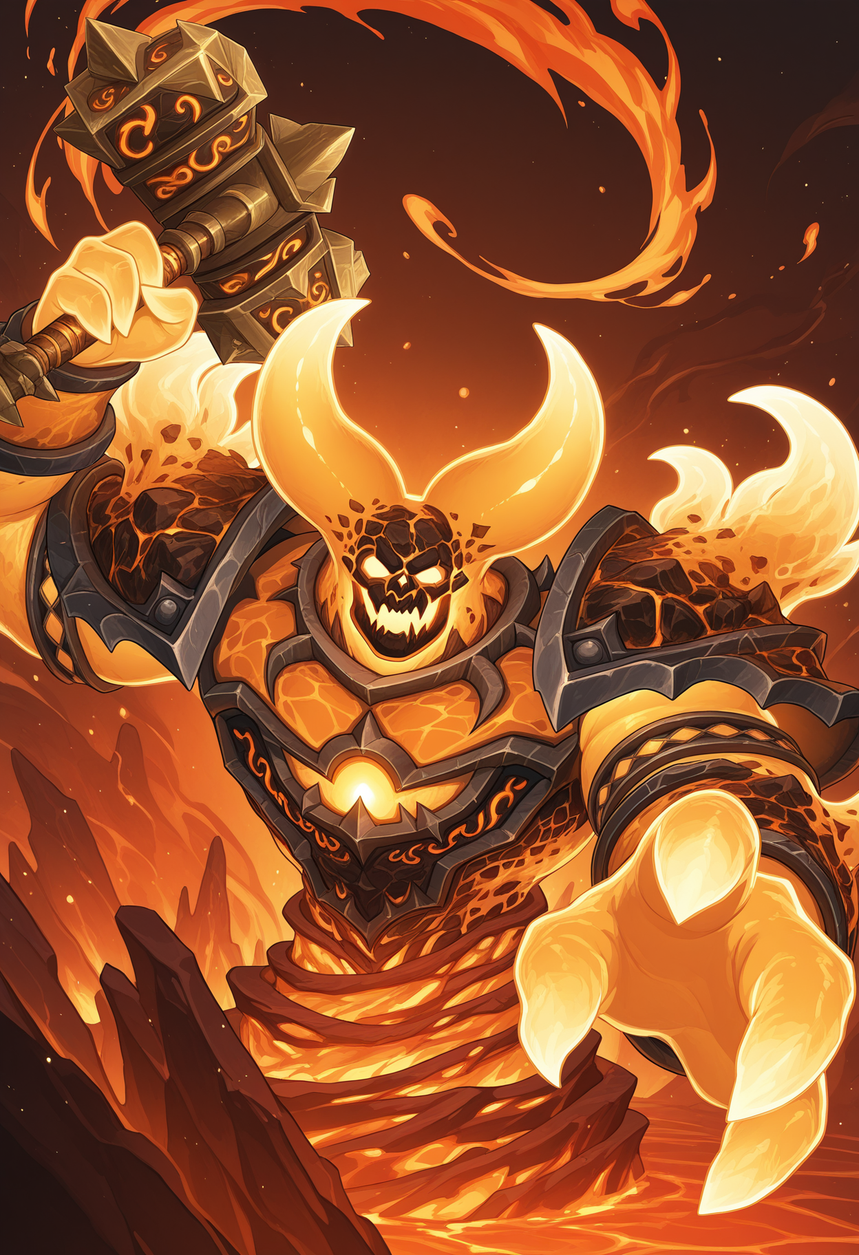 solo, 1boy, male focus, portrait, no humans, arm up, muscular, broad shoulders, r4gn4r0s, lava, fire, monster, horns, looking at viewer, abstract background, shoulder armor, background, multicolored background, particles, dynamic, dutch angle, holding hammer, reaching towards viewer,   perfect anatomy, masterpiece, perfect quality, best quality, detailed, newest, very aesthetic    <lora:Ragnaros_WoW_V1_ILXL:1.0000000000000002>