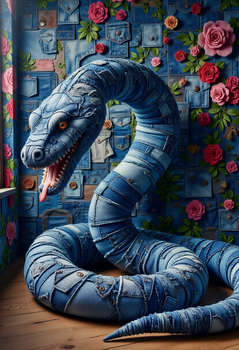 <lora:Denim_Dreamer_FLUX-000021:0.9>  
The image is a CGI rendering of a large snake eating a magician designed to resemble a patchwork quilt made from denim fabric, complete with a whimsical, surreal aesthetic.