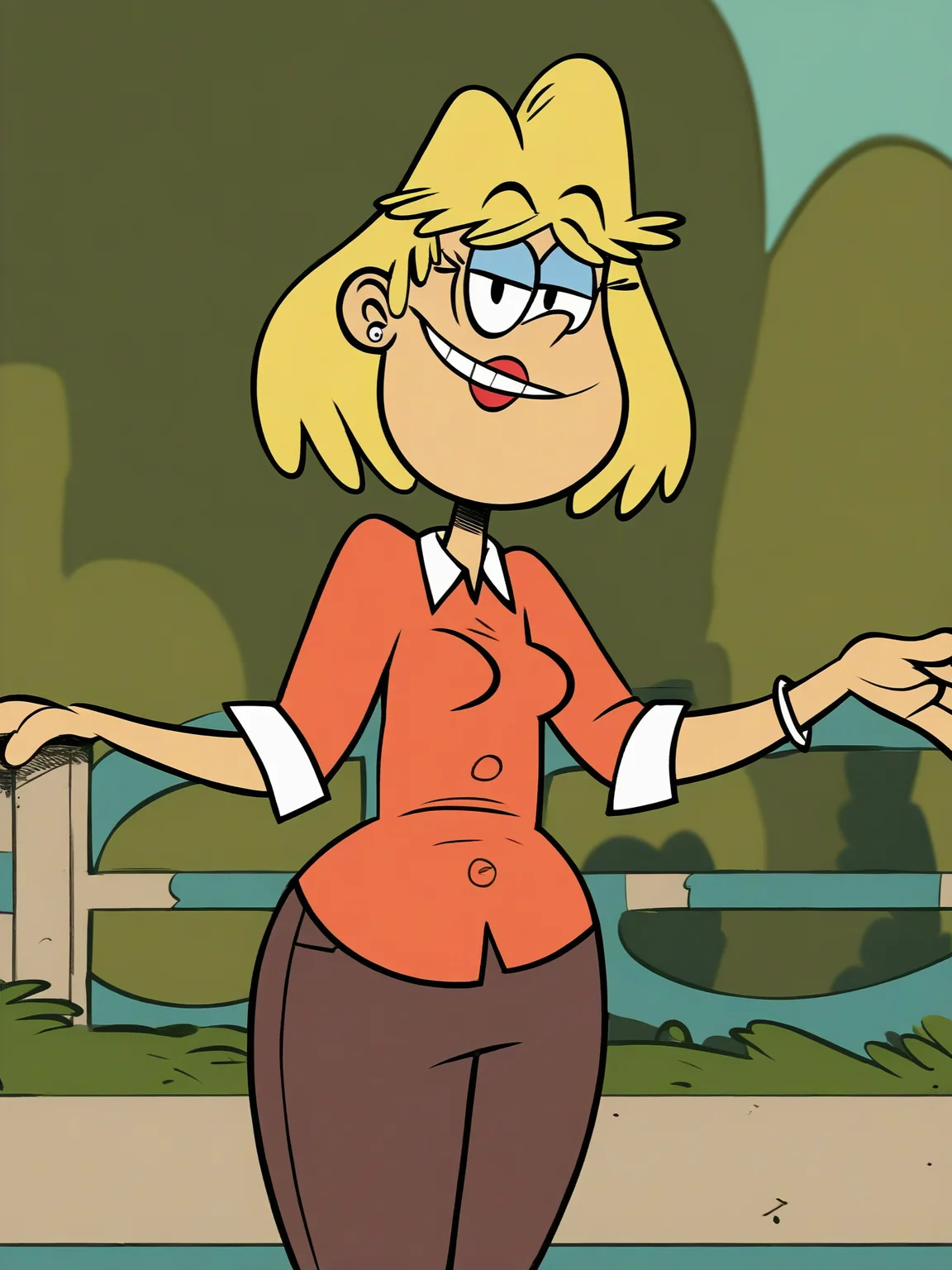<lora:RitaLoudPony1.0:1> rita_loud, 1girl, solo, blonde hair, short hair, earrings, jewelry, rita loud, smile, lipstick, stud earrings, shirt, pants, outdoors, looking at viewer, score_9, score_8_up, score_7_up, score_6_up, score_5_up, score_4_up