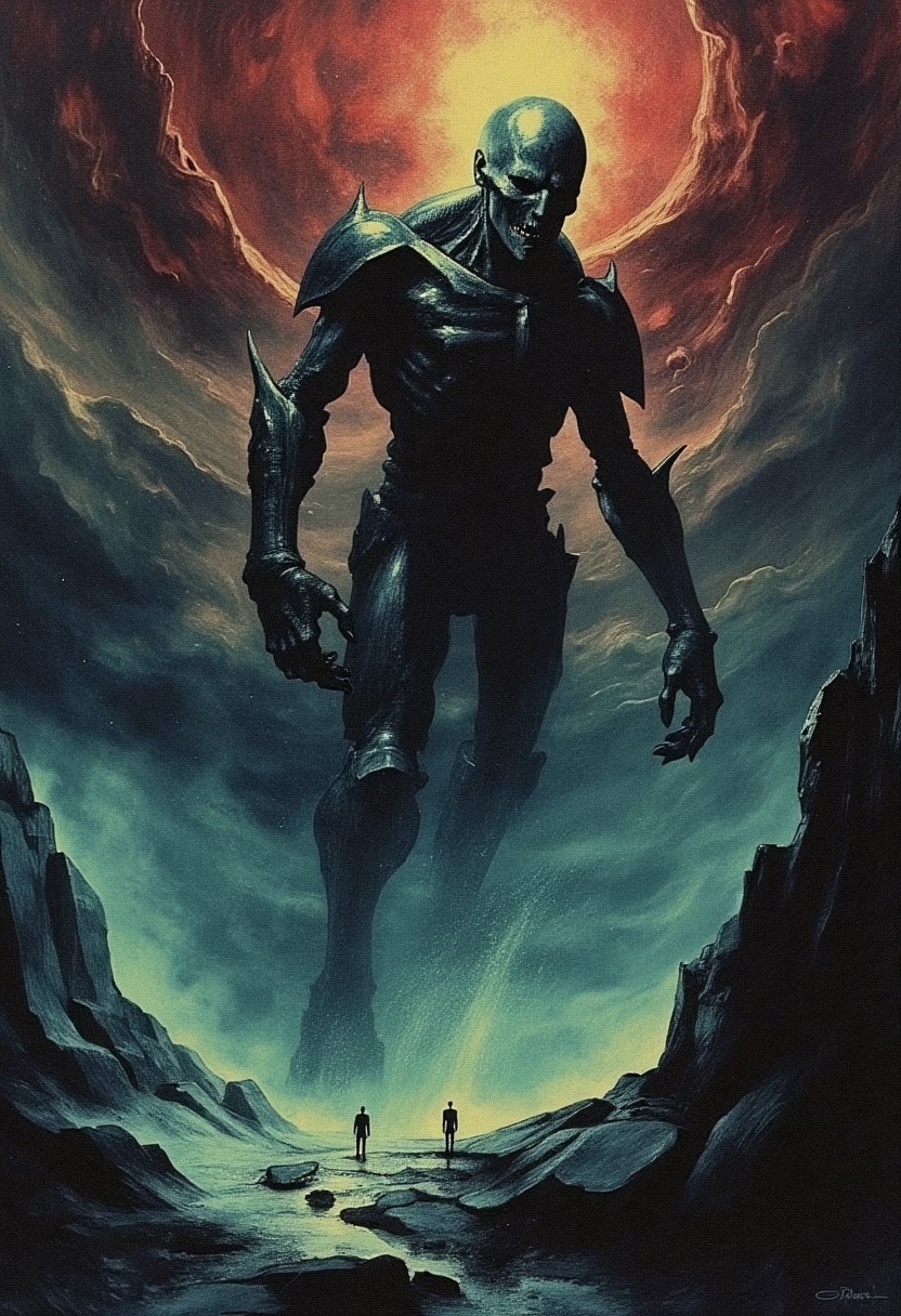 best quality, absolute masterpiece, high resolution,spectral colossus, towering figure, howl, eldritch, predator, starlight, void matter, warhammer, fractured crust, dying world, shockwaves, blackened stone, shattered ruins, light particles, glowing embers, drifting ash, violet-hued storm, forgotten gods, twisted gods, radiant annihilation, fiery golds, Celestial Teal, Cinder Black, Iridescent Red, cyan mist, painterly textures, raw chaos, mythic scale, surreal landscape, floating stone fragments, impossible angles, warped celestial patterns, dreamlike void, edge of existence, existential dread, violent transcendence, dark romanticism, asymmetry, deep focus, symbolism, divine brutality, highly detailed, fantasy art, Tenebrism, Baroque, Jake Parker, Arthur Rackham, Edmund Dulac, Mike Franchina, painterly illustration, high fantasy, dark fantasy, sci-fi horror, epic, surreal aesthetics, symbolic imagery, emotional intensity, darkly romantic, Anime style wallpaper, close-up, feet out of frame, dutch angle, mesmerizing, 2d, highly professional artwork,