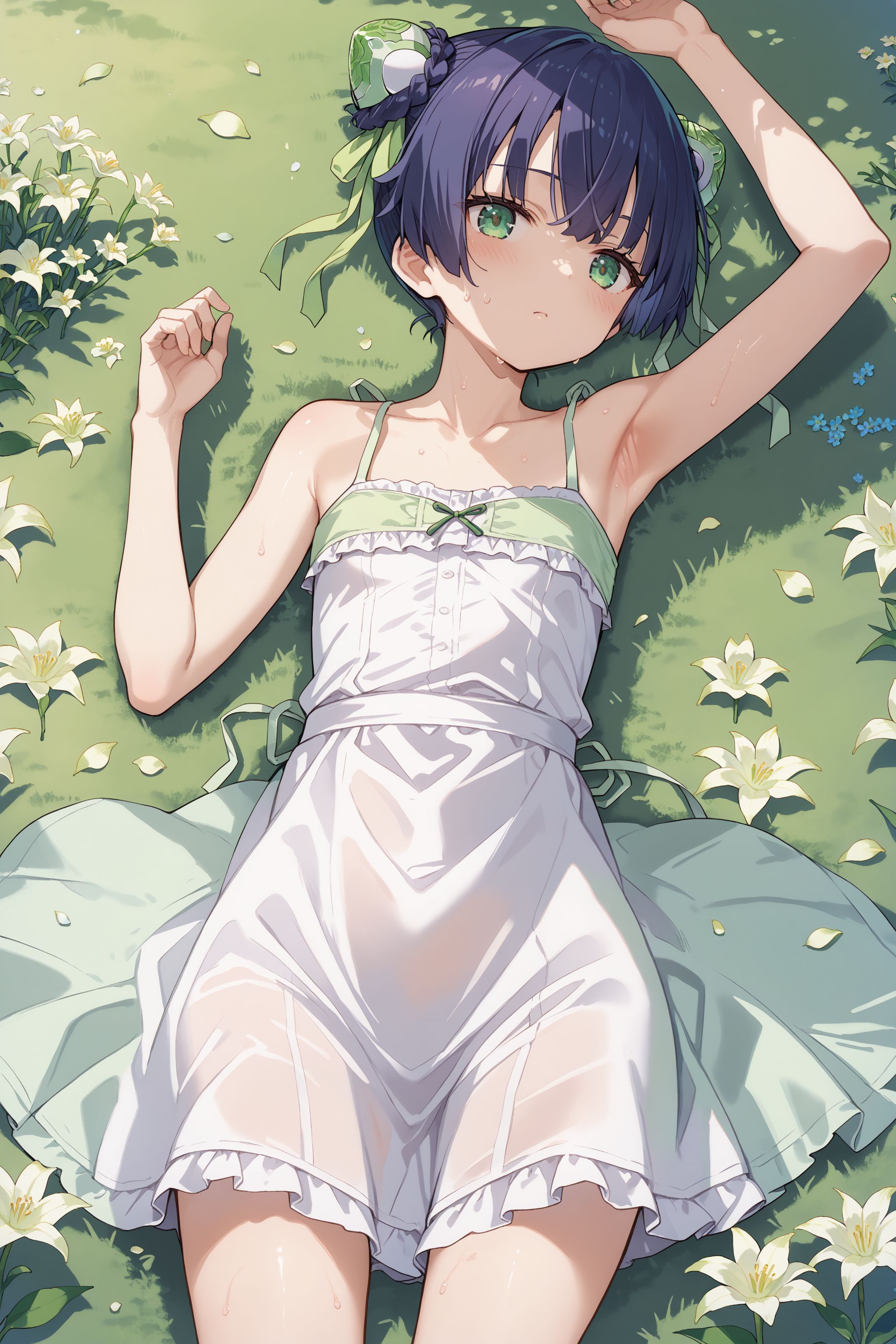 score_max, (score_9, score_8_up, score_7_up:1.0), score_6_up, official art,
masterpiece, absurdres, high detail, 8k,
flower field, lily \(flower\), petals, from above, cowboy shot,
lying, on back, hands up, looking to the side, blush, :o, blush, sweat,
ddphikari, hair ornament, double bun, bun cover, green ribbon, sundress, green bow,
<lora:XL_Pony_gomaotsu-hikari-t1:0.9>