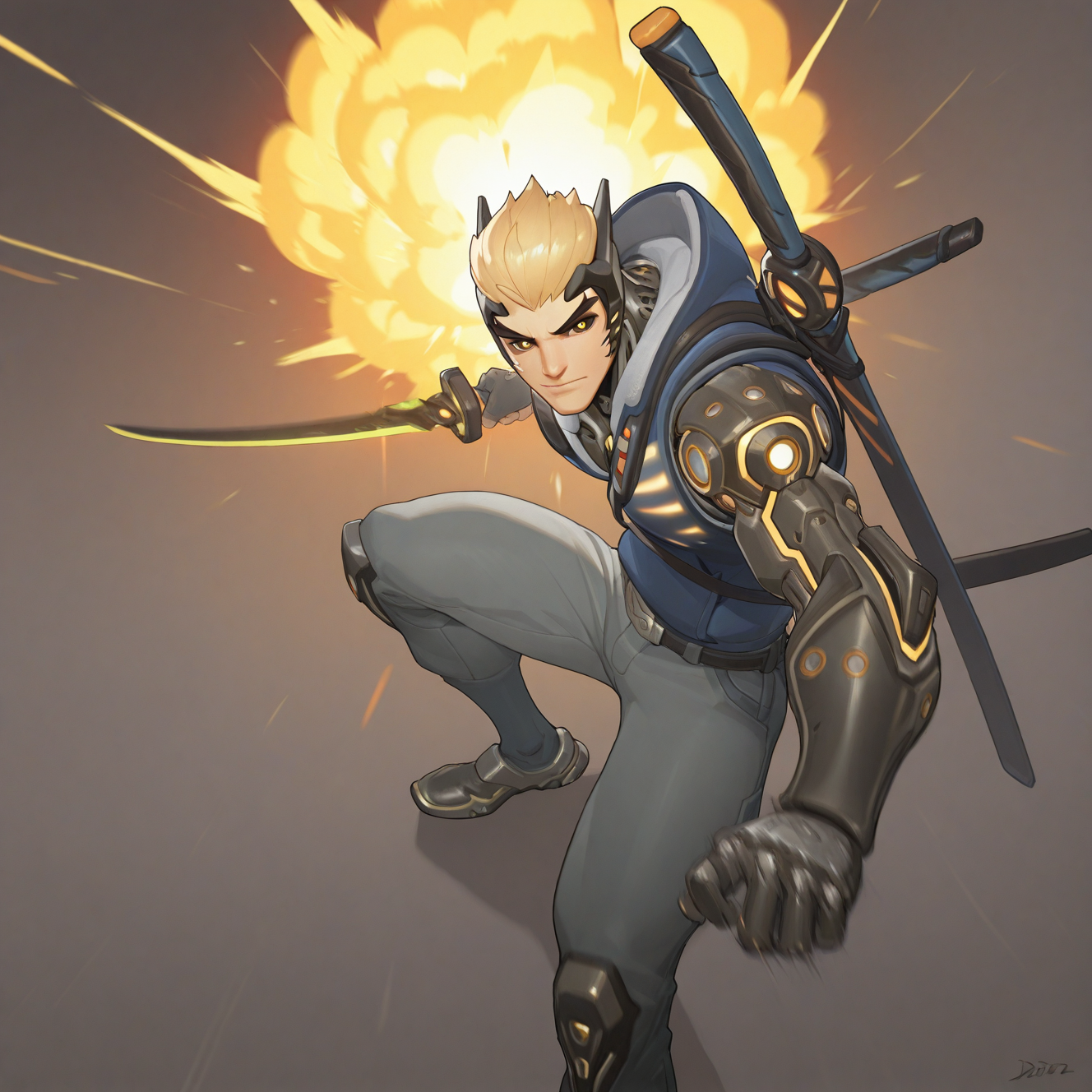 <lora:GENJI_GENOS:1>genji_genos, solo, looking at viewer, short hair, blonde hair, 1boy, gloves, holding, closed mouth, jacket, yellow eyes, male focus, weapon, pants, artist name, signature, sword, fingerless gloves, holding weapon, glowing, holding sword, facial mark, muscular male, blue jacket, katana, sheath, glowing eyes, colored sclera, white pants, fighting stance, black sclera, mechanical arms, scabbard, explosion, cyborg, sleeveless jacket, weapon on back, reverse grip, unsheathed, sword behind back, sleeveless, hood, vest, blue vest, tilted angle, motion blur, film grain, abstract, natural lighting, fantasy, cinematic, dynamic view, tilted angle,, very awa, masterpiece, best quality, absurdres, newest, perfect quality, detailed background, intricate details,  (artist:fl \(l-fl\):0.7), (artist:tooboshoo:0.7), (artist:dizdoodz:0.8)