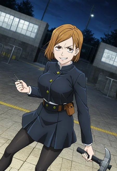 masterpiece, best quality, absurdres, highres, detailed background, <lora:hyperSD8:1>,
<lora:KUGISAKI_NOBARA:1> anime screencap, 1girl, solo, kugisaki nobara, brown hair, brown eyes, big breasts, school uniform, black pantyhose, fighting stance, smug, clenched teeth, grin, night, big eyes, holding needles, station, holding hammer, looking at viewer, dynamic pose, dutch angle,