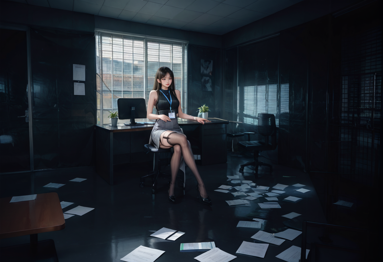 ,ruanyi0943,blinds,indoors,paper,
,ruanyi0897,black thighhighs,garter straps,turtleneck,id card,lanyard,grey skirt,crop top,black sleeveless sweater,long skirt,chair,sitting,
night,dark,<lora:0943 Untitled_v1_pony:0.9>,<lora:0897 Home wear 3_v1_pony:0.7>, score_9,score_8_up,score_7_up,,8k,1girl,solo,,
