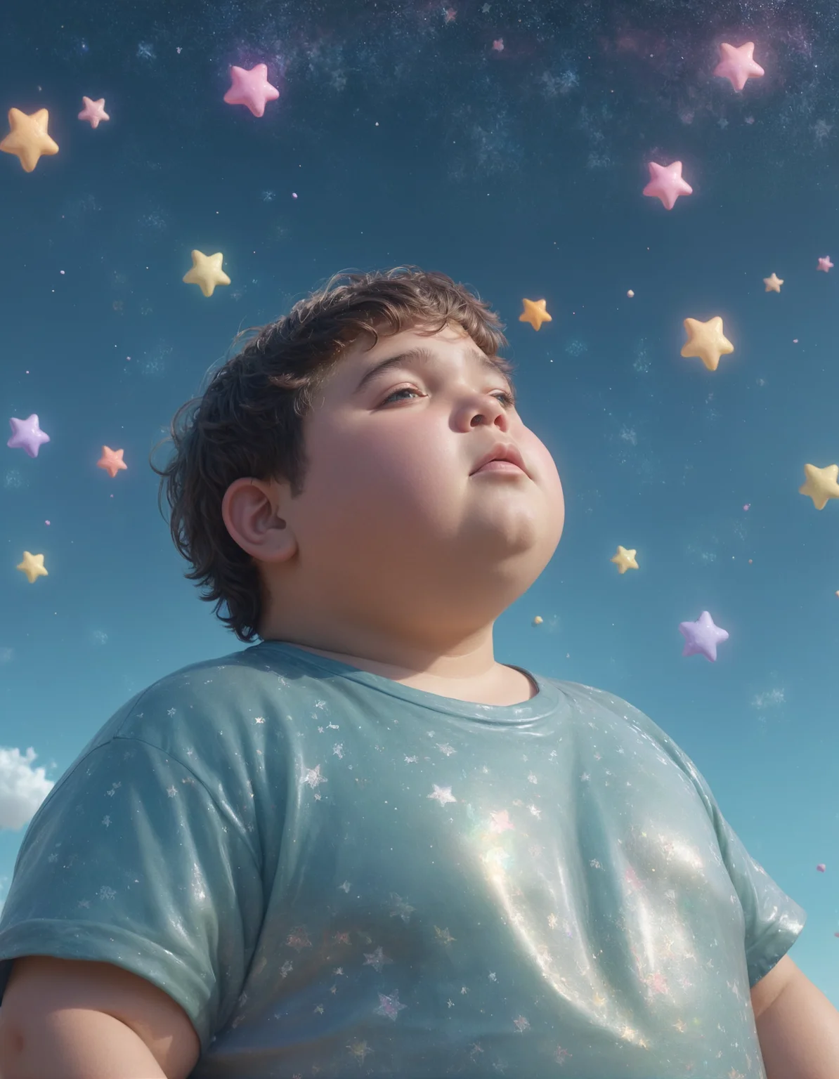Pastels artwork, Process Art, Dreamy chubby Artisanal Boy, floating, wearing Plastic, Stars in the sky, equirectangular 360, (art by Stanley Kubrick:0.7), shiny intricate 3D graphics octane render highly detailed 8k HDR UHD high quality professional unreal engine PS5  cinematic vray