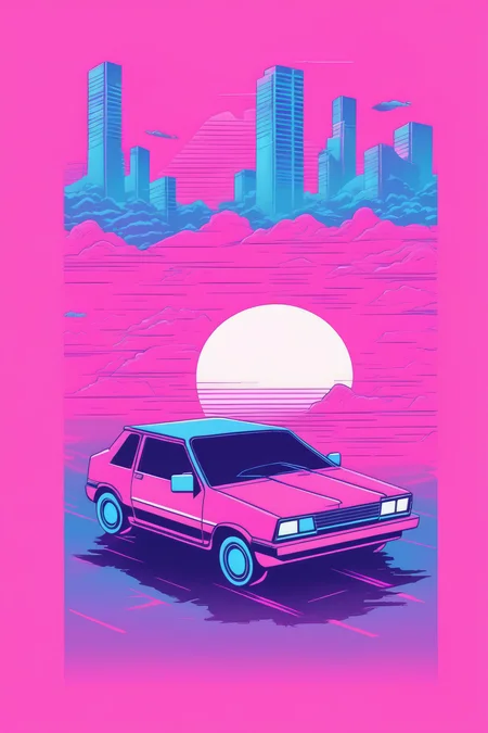 <lora:Synthwave T-shirt:1>Synthwave T-shirt - vaporwave style t-shirt design, vector, Pastel pink, blue, and magenta colors, citycar, Simplistic designs with plenty of negative space