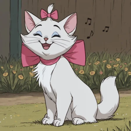 uncensored, masterpiece, best quality, highly detailed, realistic, solo, MarieAT, furry, feral, feline, cat, pink inner ear, black eyebrows, light-blue sclera, eyes closed, white body, white fur, white chest tuft, pink bow ribbon, neck bow, bow accessory, whiskers, medium tail, smile, open mouth, looking at viewer, grass, flowers, backyard, detailed background, side view, full body, 3 toes, 4 fingers, sitting, singing, music notes, dutch angle