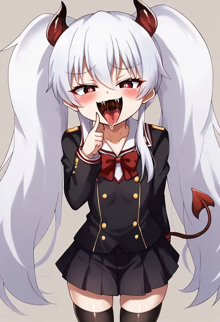 score_9, score_8_up, score_7_up, BREAK source_anime, BREAK, <lora:grim_aloe(pony):0.7>grim aloe, white hair, red tail, dark red eyes, demon tail, very long hair, twintails, thick twintails, white hair, long hair, demon horns, dark red horns, demon tail, demon wings, red tail, black school uniform, long sleeves, very short skirt, white hair, open mouth, smug, mesugaki, blush, black stockings, right hand pointing into mouth (hungry), left hand over stomach, one hand down, thighup, <lora:Blue_willow_074_style:1>, open mouth, <lora:Big_mouths_PonyXL:1> open mouth, closeup, throat, uvula, saliva, tongue out,