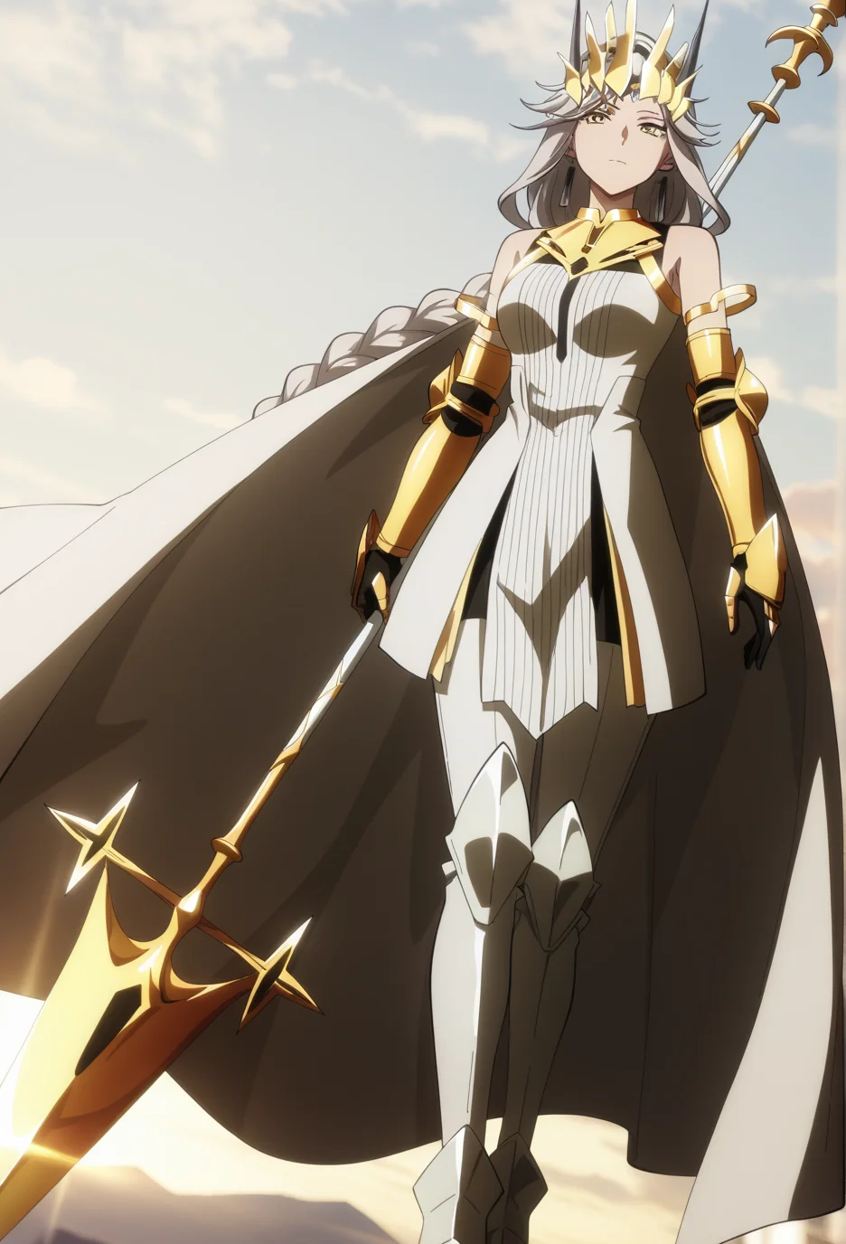 official style,(anime coloring:1.6),(anime screencap) masterpiece,masterpiece,very aesthetic,
absurdres,highres,
mature female,slim figure,medium breasts,<lora:detailed hand focus style illustriousXL v1:0.5>,detailed,
light grey background,solid background,gradient background,backlighting,cinematic_angle,1girl,solo,
sunrise,blue sky,cloud,expressionless,looking at viewer,contempt,confident,elegant,standing,(dynamic angle:1.1),(full body:1.1),
<lora:To Be Hero X-QueenV1-Nuclear1811-IL:0.7>,Queen-Liu,yellow eyes,grey hair,long hair,very long hair,braid,long braid,single braid,braided ponytail,ch3,ch3 horns,ch3 silver horns,ch3 fake horns,ch3 jewelry,ch3 earrings,ch3 black earrings,ch3 armor,ch3 golden armor,ch3 cape,ch3 white cape,ch3 bare shoulders,ch3 dress,ch3 white dress,ch3 boots,ch3 gauntlets,ch3 boots,ch3 white footwear,ch3 high heels,ch3 high heel boots,ch3 crown,ch3 golden crown,ch3 headgear,ch3 headpiece,wp1 weapon,wp1 spear,wp1 polearm,holding weapon,