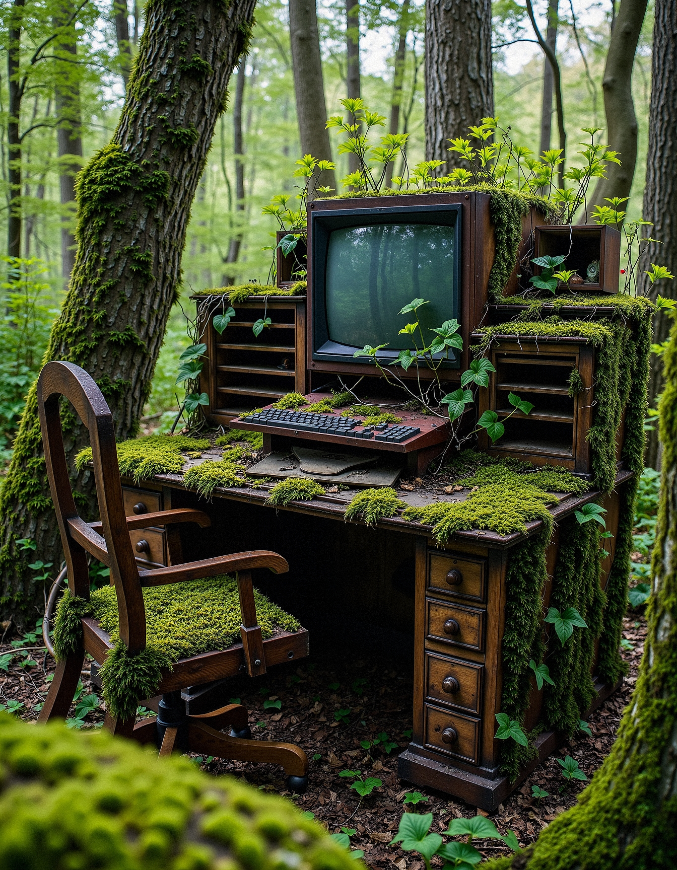 "An overgrown office setup in the middle of a woodland, featuring a moss-covered desk, an antique computer, and a rusted office chair. Vines crawl across the computer monitor, while the desk drawers are slightly ajar, revealing more signs of decay and plant intrusion. The forest is alive with the sounds of birds and rustling leaves, and sunlight highlights the rich greens of the moss. This surreal blend of manmade objects and thriving nature captures a haunting yet beautiful sense of abandonment."
 <lora:FluxDFaeTasticDetails:0.3> <lora:aidmaHyperrealism-FLUX-v0.3:0.7000000000000001>