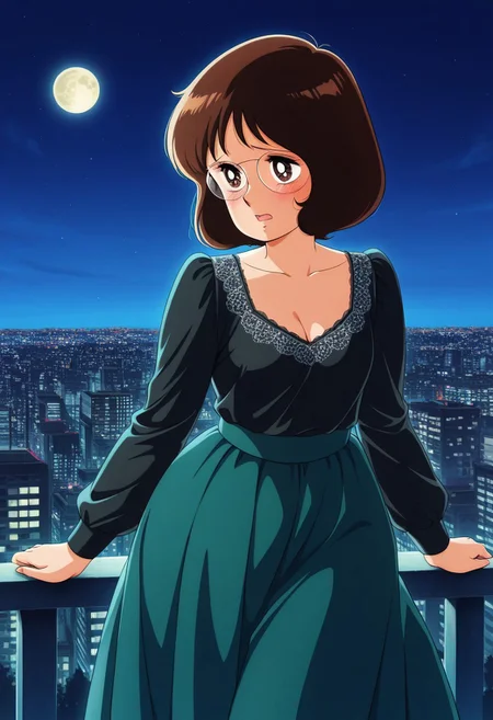 bob-cut, brown short hair, brown eyes, glasses, 1girl, solo, high detail, score_9, score_8_up, score_8, (solo), small breasts, Big hips, shy, scared, blush, indoor, chubby, curvy, score_9, score_8_up, score_7_up, masterpiece, best quality, official art, official style, very aesthetic, absurdres, source_anime, perfect anatomy, 1980s (style), hanging eyes, cleavage, perfect proportions, anatomically correct, perfect hands, perfect fingers, long green and black dress, vintage dress, long green skirt with white lace, green puffy long sleeves, fully covered, city at night, vintage city at night, full moon in the sky, Early XX century setting,