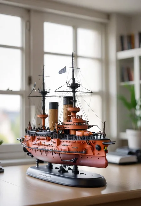 a photo, realistic, photography, masterpiese, colorful, bright and whimsical, imaginative, epic image of a miniature ship model predreadnough battleship orel in big glassed buttle. A miniature printed on a 3D printer. It stands on a desk, with natural light from a large window in the background and a desk lamp.The background is blurred by Hasselblad depth of field, 100 mm, macrolens, high detail,
