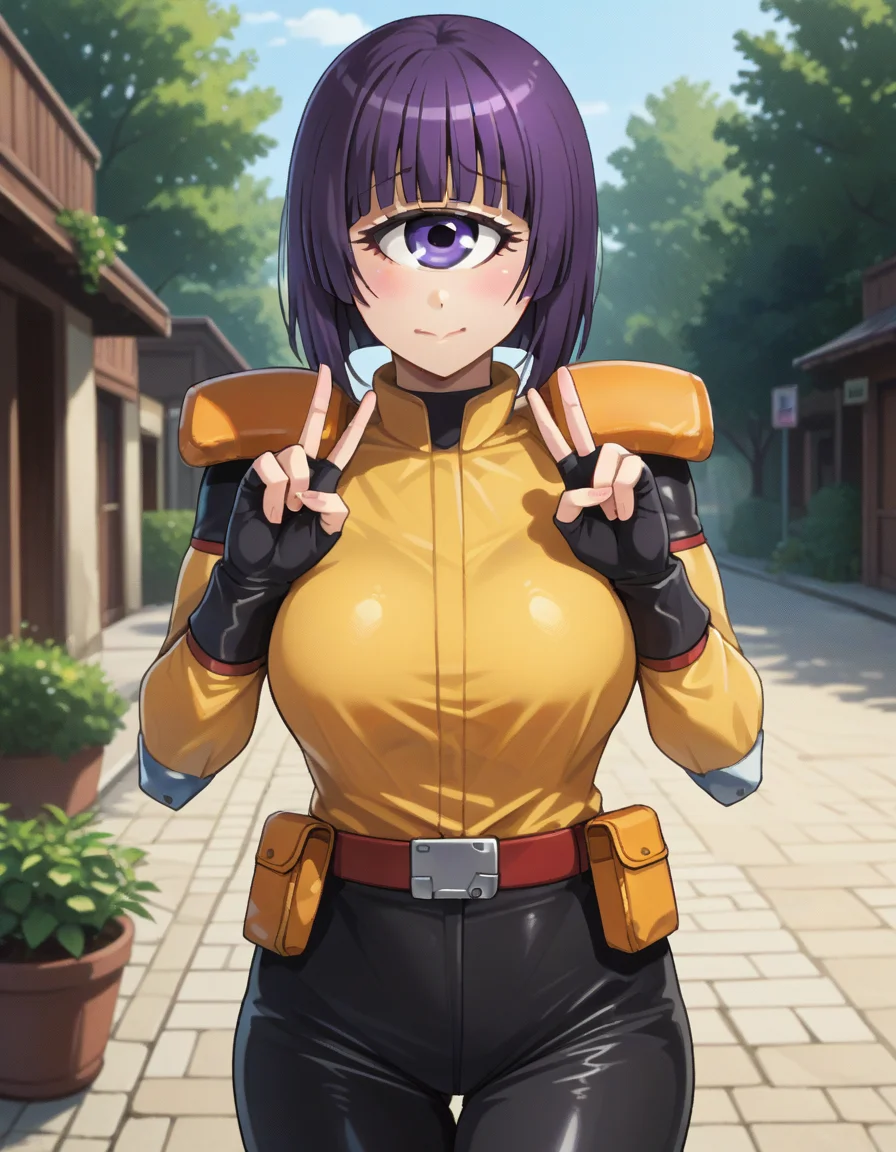 score_9, score_8_up, score_7_up,score_6_up source_anime, 1girl,huge breasts,wide hips,thick thighs,embarrassed, outdoors,nervous smile, double peace sign
manakobaf, 1girl, cyclops, purple hair, purple eyes, fingerless gloves, short hair, belt, blunt bangs, looking at viewer, shoulder pads, monster girl, black and yellow bodysuit,black pants,knee pads
<lora:manako-koto-PonyXL 2:1>