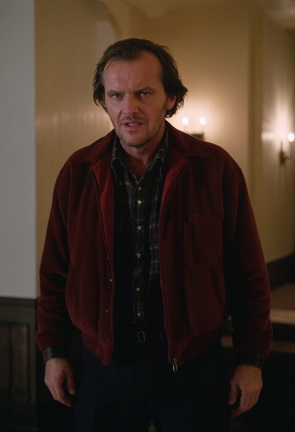 Jack Torrance, Overlook Hotel, CineShining, highly detailed, 4K, (stylish grainy analog 35mm film photo)