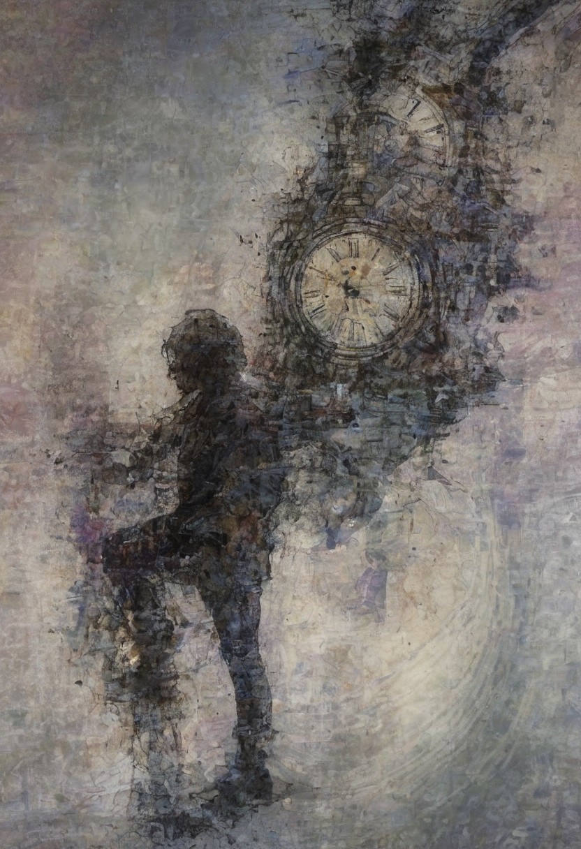 a world inside me, street, epic fantasy, dark fantasy, gritty, real, graffiti, long hair, (((silhouette))), expressionism art, fractals, stopwatch, deep purple and gray, at dusk, cinecolor, (dimmed colors:1.1), hdr, mentixis, linquivera
