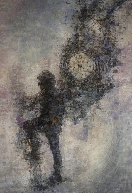 a world inside me, street, epic fantasy, dark fantasy, gritty, real, graffiti, long hair, (((silhouette))), expressionism art, fractals, stopwatch, deep purple and gray, at dusk, cinecolor, (dimmed colors:1.1), hdr, mentixis, linquivera
