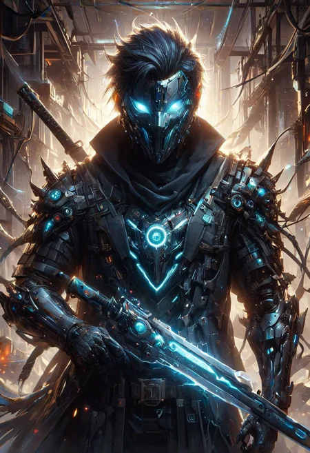 (((Ultra-detailed, Hyper-realistic, 8k, highres, masterpiece))),(full length highly detailed intricate cyborg demonic-skeletal) (tattered cloak),((highly detailed tech body,decaying parts, Intricate exposed wiring, exposed wires,exposed circuitry,electric glow)),((highly detailed cyber-skeletal tech-mask,signs of decay,exposed wiring, exposed wires,exposed circuitry,electric glowing eyes)),in a highly detailed Labratory background with Test tubes,holographic screens,covered in pulsing electricity,cyber setting,cinematic,realistic,science fiction,dark colours,background light,e,<lora:XL_Weapon_Sword_-_By_HailoKnight_2:0.8>,Wielding sword,<lora:add-detail-xl:1>,<lora:ArmorSuit_v01:0.8>, armorsuit,