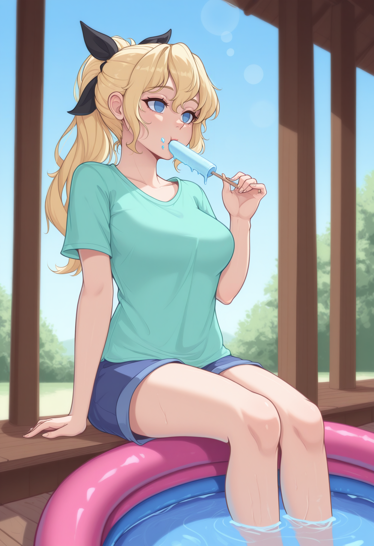 masterpiece, best quality, realistic, 1girl, solo, <lora:NSLillyKatawa:1> NSLillyMisc, blue eyes, blind, no pupils, blonde hair, long hair, ponytail, black ribbon, hair ribbon, blue shorts, aqua shirt, soaking feet, wading pool, eating ice cream, sitting, lens flare, outdoors, heat waves, porch, light blue sky