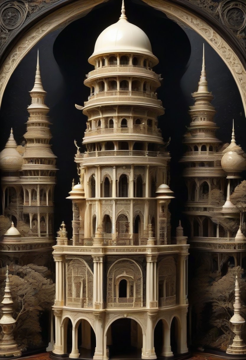 (masterpiece, detailed:1.2), best quality, intricate tower, made out of, ebony, ivory, scrimshaw, bone carving
