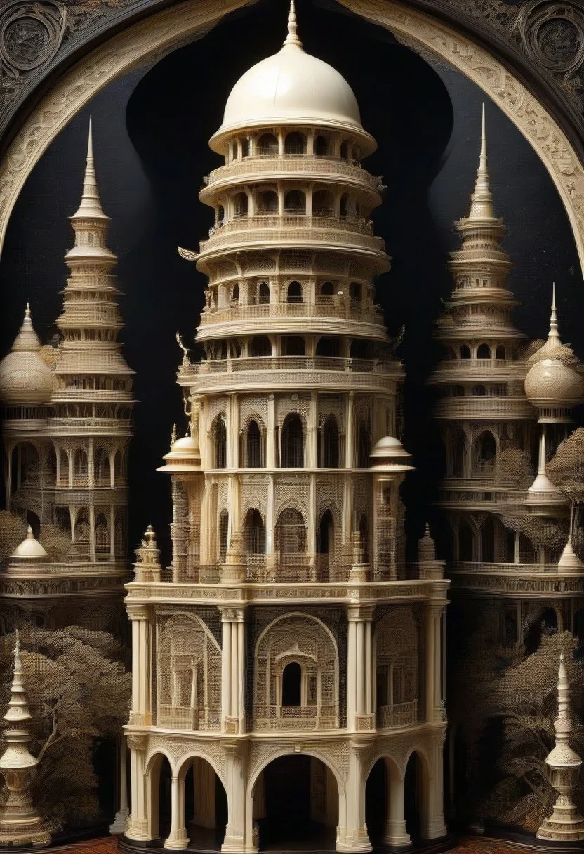 (masterpiece, detailed:1.2), best quality, intricate tower, made out of, ebony, ivory, scrimshaw, bone carving