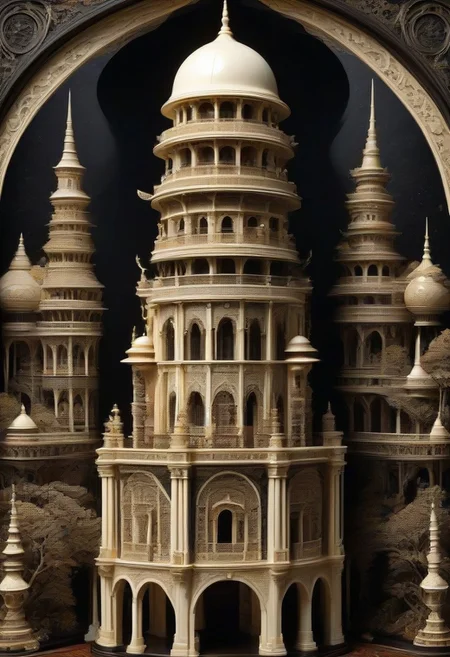 (masterpiece, detailed:1.2), best quality, intricate tower, made out of, ebony, ivory, scrimshaw, bone carving