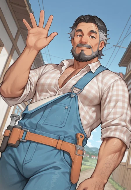 masterpiece, best quality, amazing quality, AtticusMTAE, short hair, two-tone hair, black hair, grey hair, brown eyes, beard, muscular, mature male, hairy chest, hairy, plaid white shirt, sleeves rolled up, tool belt, overalls, looking at viewer, smile, dynamic pose, detailed background, dutch angle, cowboy shot, rural town, blue sky, upper body, waving, walking down, below view,